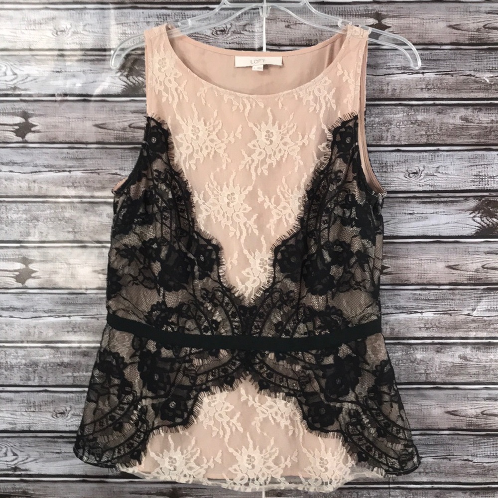 LOFT Blush Pink Lace Overlay Sleeveless Top with Black Lace